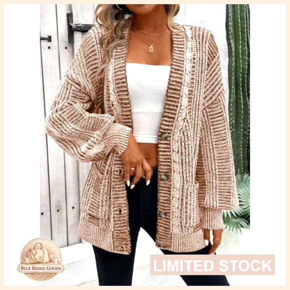 Oversized Cable Knit Cardigan Sweater with Pockets Long Sleeve - Picture 2 of 7